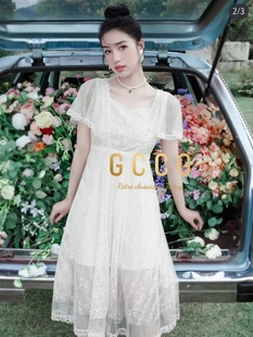 知恩GCCG正品夏季新款蕾丝拼接飞袖优雅气质仙女裙连衣裙重工3660