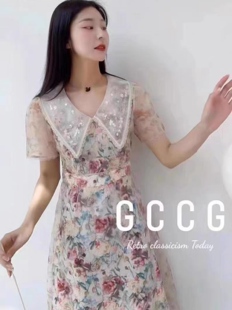 知恩GCCG正品法式茶歇玫瑰仙女温柔短袖连衣裙高级感V领收腰6636F