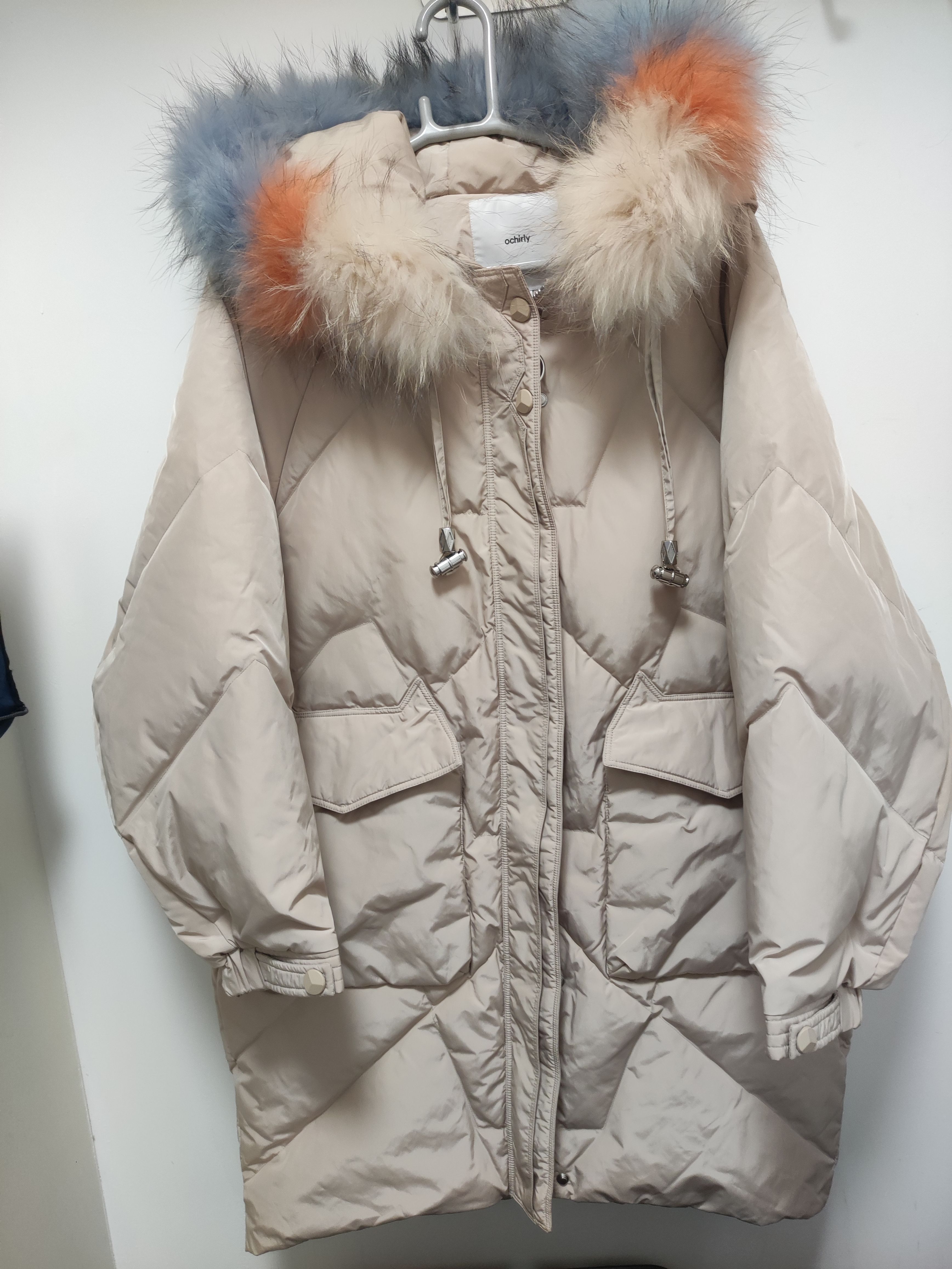 欧家正品白鸭绒羽绒服宽松中长款保暖大毛领连帽休闲外套专柜2490