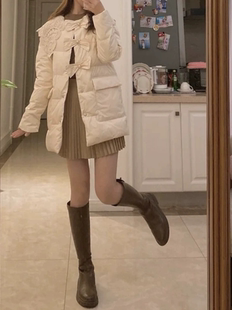 欧五加5+正品轻薄羽绒服女中长款翻领花边气质蝴蝶结可爱甜美外套