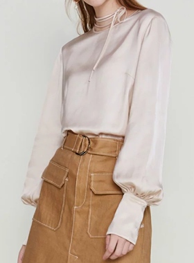 欧家正品新款绑带羊腿袖绸缎面法式气质复古长袖衬衫女1RY2010110