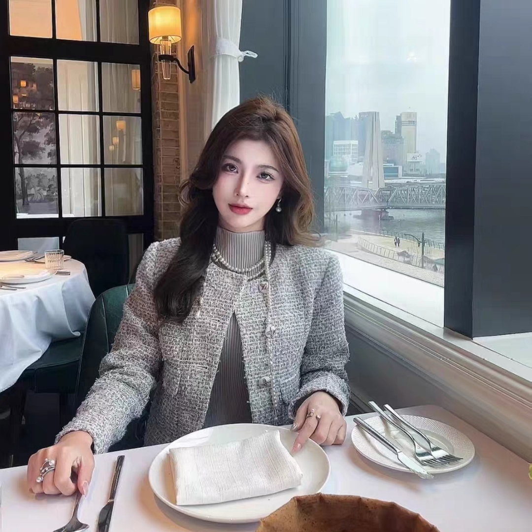 欧家正品秋新款粗花呢小香风外套上衣气质时尚高级感斜排扣PU皮环