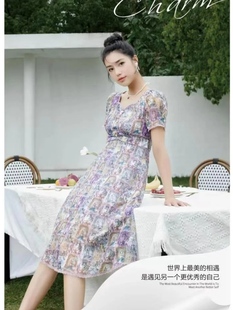 知恩GCCG正品夏季新款法式复古印花连衣裙女收腰显瘦气质短袖3651