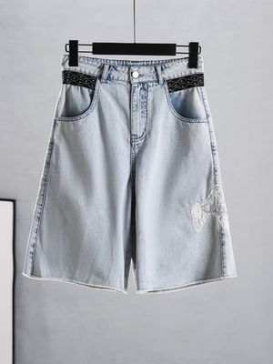 知恩GCCG正品时尚简约休闲百搭高腰牛仔裤丹宁蓝短裤中裤刺绣6307