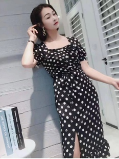 知恩GCCG正品法式轻奢典雅复古气质收腰波点珍珠连衣裙鱼尾裙2050