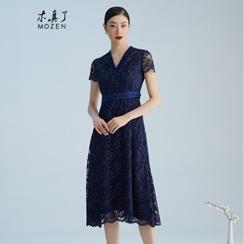 木真了中式立体蕾丝A摆连衣裙