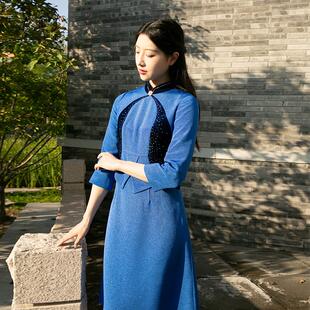 木真了拼接连衣裙秋装 镶钻蓝色女裙新102 丝绒包边立领宽松七分袖