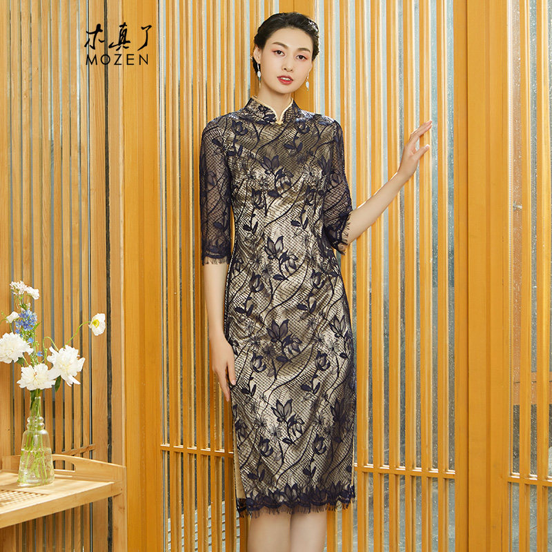 木真了宴会礼服中长款蕾丝镂空夏装七分袖复古提花新品旗袍裙611