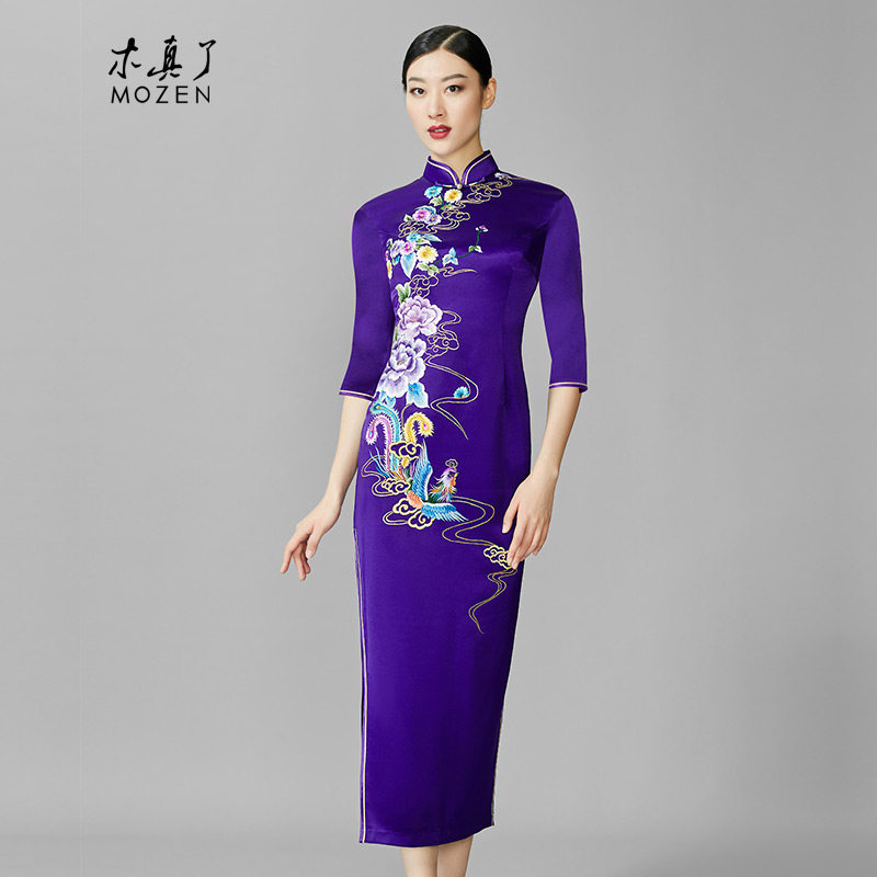 木真了改良旗袍长款七分袖唐装修身刺绣礼服宴会婚礼妈妈装517