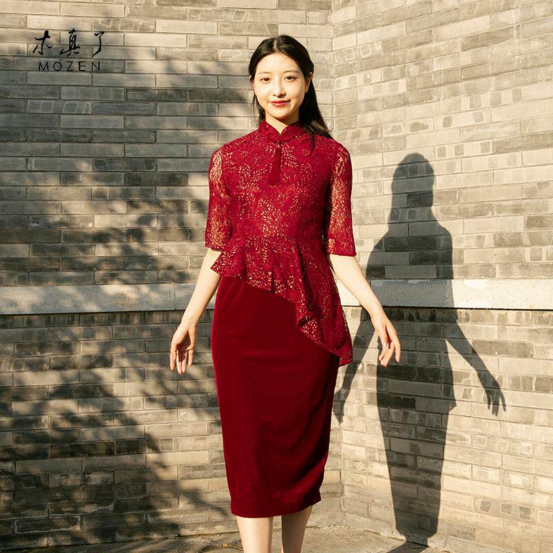 木真了复古修身女拼接旗袍新品蕾丝妈妈短袖宴会礼服红裙608