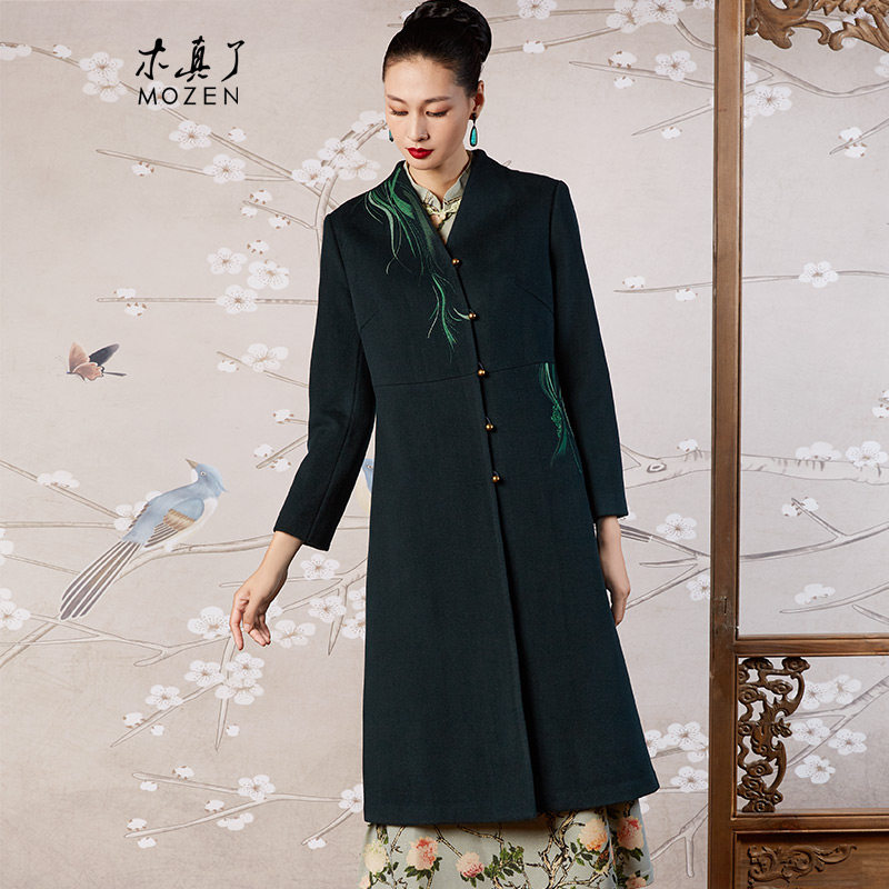 木真了中长款毛呢大衣新品中式刺绣复古改良羊毛呢子女外套111