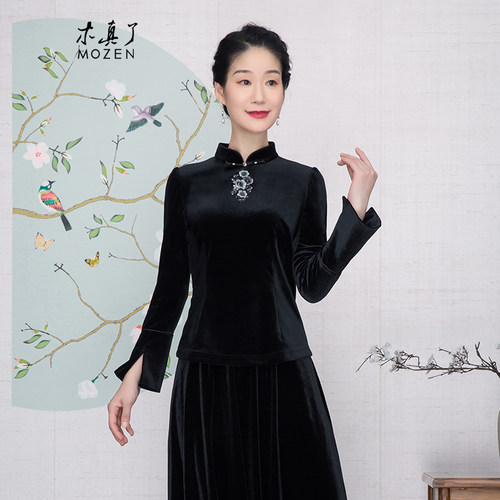 木真了弹力丝绒打底衫女装刺绣