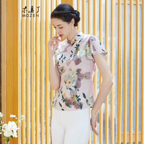 木真了真丝唐装上衣花卉印花半袖