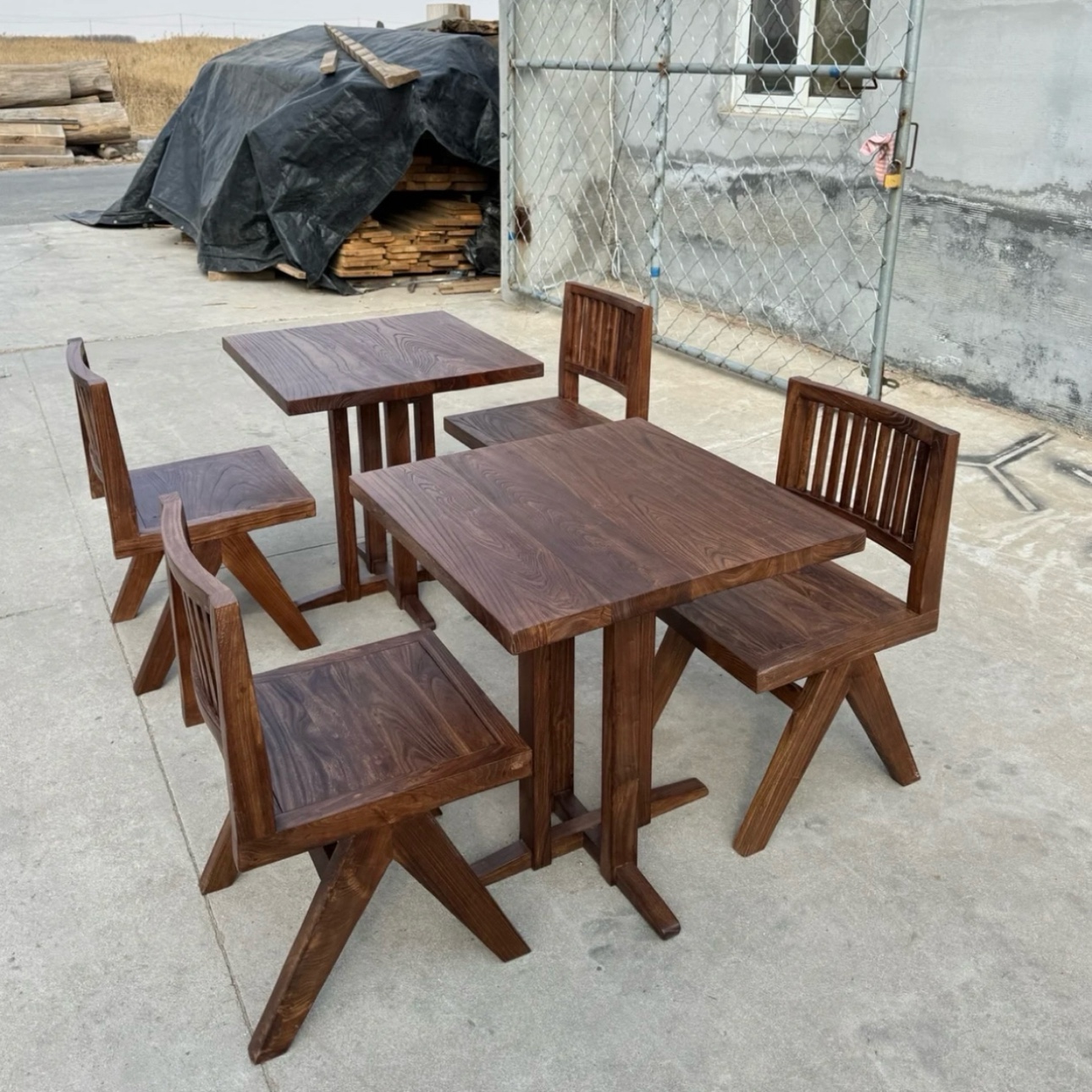 侘寂风实木桌椅组合中古民宿咖啡餐饮店休闲洽谈老榆木方桌圆餐桌