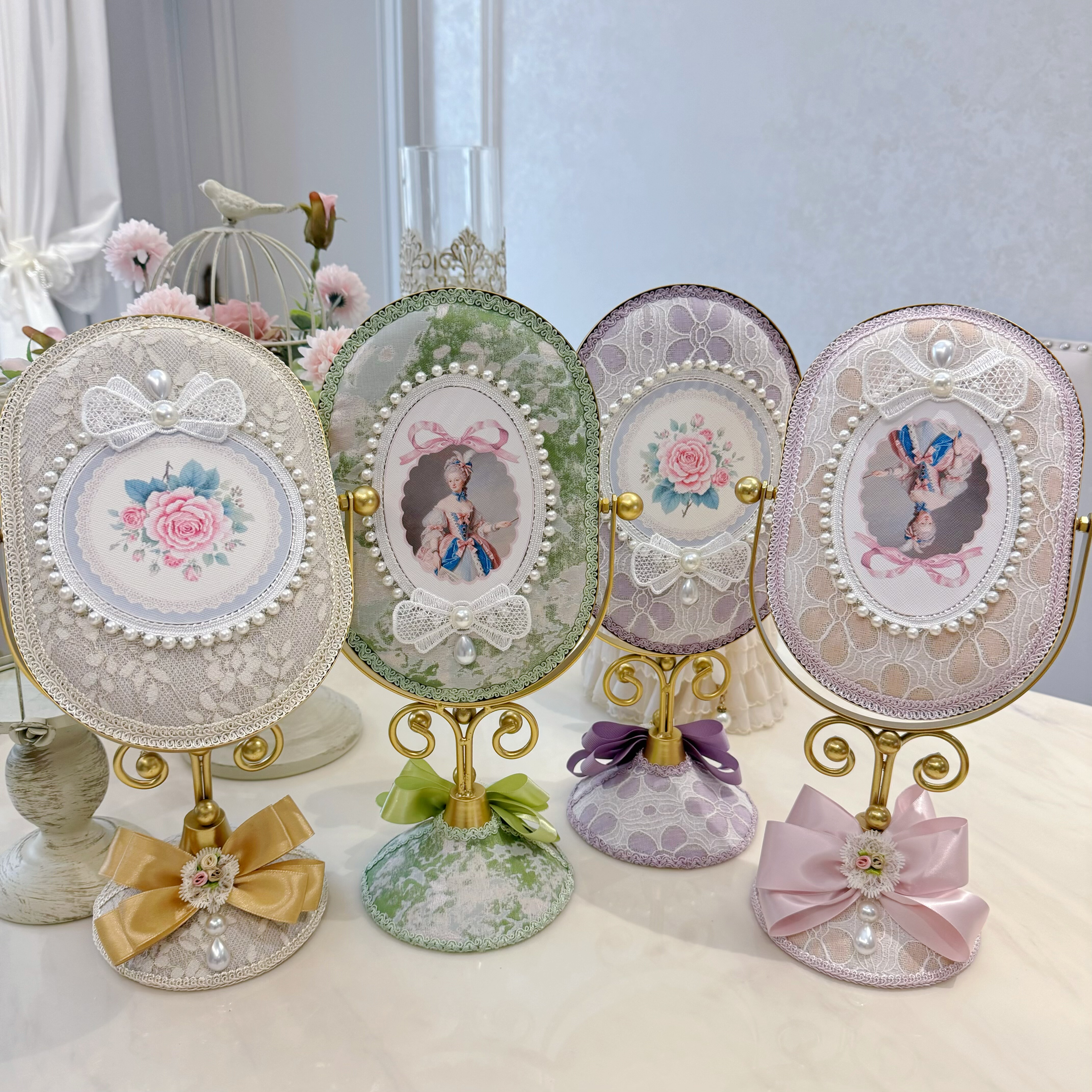 欧式复古珍珠蕾丝镜子梳妆镜可爱创意台式公主公主镜桌面化妆镜