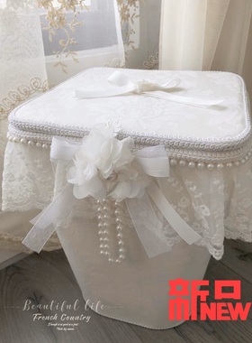 新款欧式天蓝色意大利绒垃圾篓珍珠印花重工布艺废纸杂物整理框推