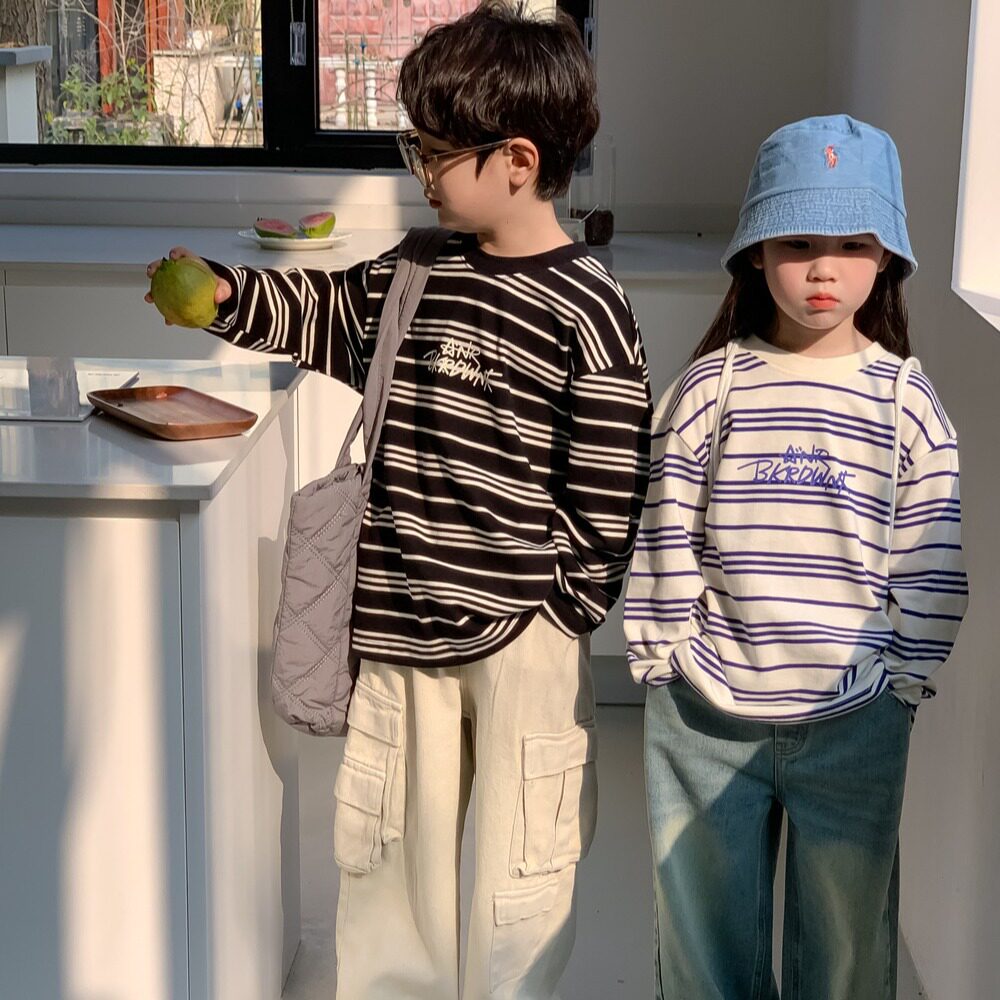 儿童T恤2026春装新款男童女童韩版字母条纹长袖t恤宽松休闲上衣潮