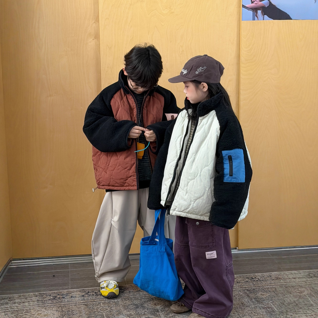 儿童棉衣外套冬装新款男童女童韩版菱形格拼接袖休闲棉服保暖大衣