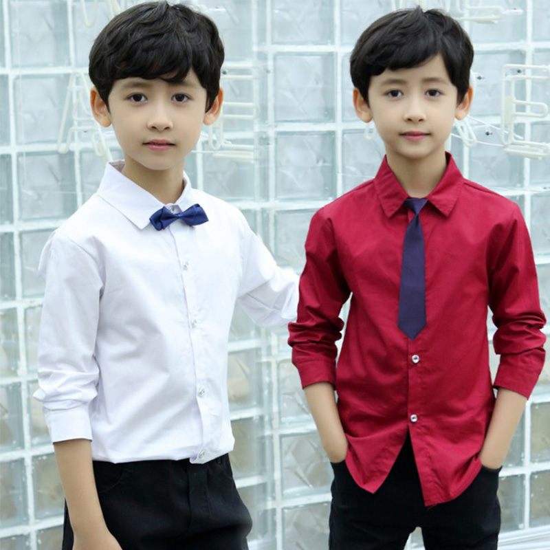 男童白衬衫长袖纯棉衬衣秋装新款儿童红色衬衫黑色礼服衬衣4-14岁