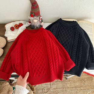 儿童红毛衣春冬款男女童纯色麻花毛线衣加厚圆领休闲百搭圣诞毛衣