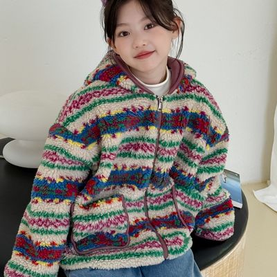 儿童毛毛衣外套冬款女童撞色羊羔绒皮毛一体外套儿童保暖韩版大衣