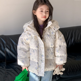 女童羽绒服冬装2025新款女孩小清新碎花连帽白鸭绒保暖外套上衣潮