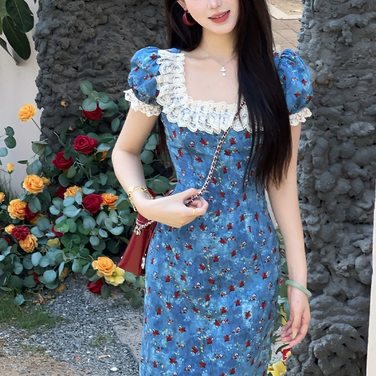 七小七Sicily落日玫瑰法式蓝色碎花连衣裙夏小众设计气质长裙