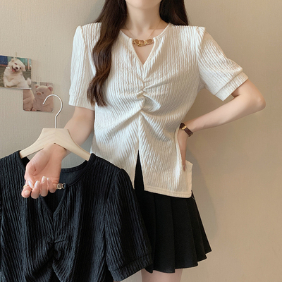 实拍2024夏装新款胖mm大码女辣妹甜辣妹纯欲风正肩短袖上衣衬衣