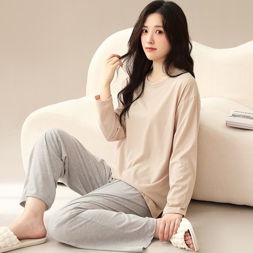 纯棉睡衣女圆领可外穿家居服