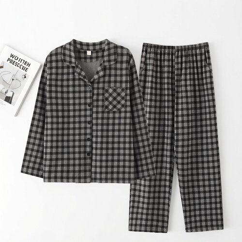 格子睡衣女纯棉开衫翻领家居服