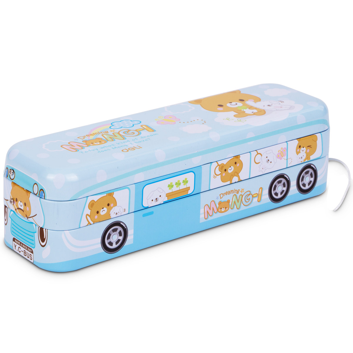 得力BUS三层卡通金属文具盒拉绳设计可以跑的铅笔盒子大空间有趣