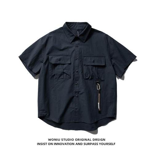 夏季男士工装多口袋短袖衬衫男潮牌日系宽松半袖衬衣设计翻领外套