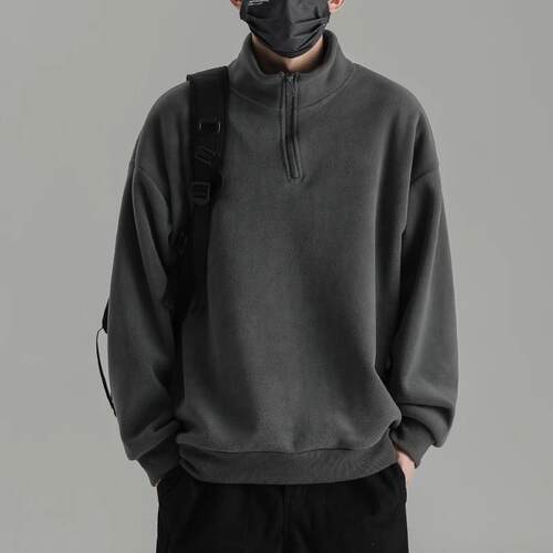 大码半拉链奥粒绒立领卫衣男秋冬日系复古纯色厚外套双面绒上衣男