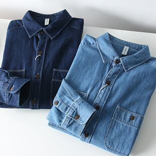 欧货水洗做旧牛仔衬衫男美式复古双口袋工装外套外贸男装硬布衬衣