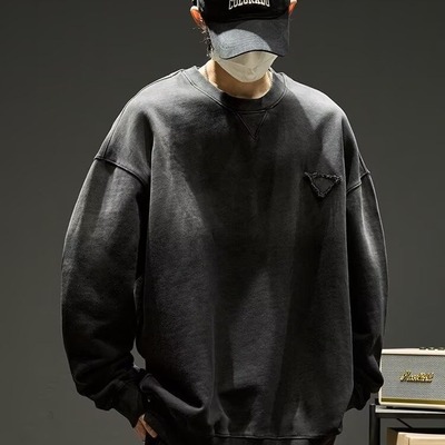 卫衣男款春秋新款美式高街痞帅水洗渐变圆领上衣复古潮牌重磅外套