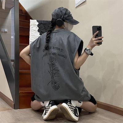 清仓美式麂皮印花背心男款运动宽松无袖t恤夏季ins潮牌坎肩百搭外