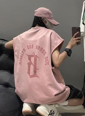 夏季运动背心宽松ins美式休闲印花无袖情侣T恤圆领字母坎肩学生潮