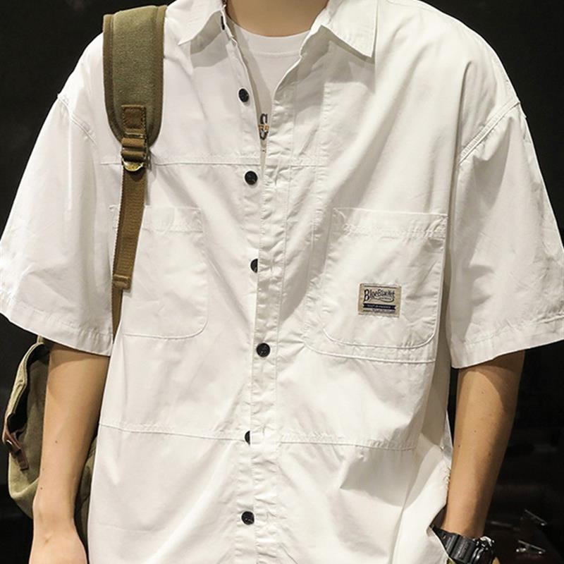 美式工装短袖衬衫男夏季潮牌白色宽松大码t恤休闲百搭翻领衬衣男