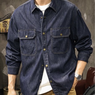 男士 秋季 衬衫 原色水洗复古牛仔长袖 宽松口袋高级简约衬衣外套 新款