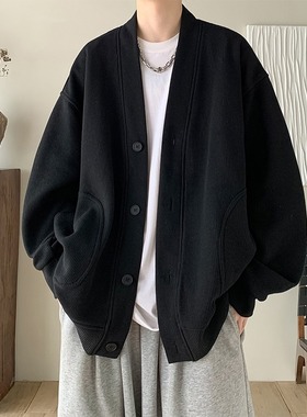 纯黑色日系慵懒风外套男高级感华夫格V领开衫卫衣春秋季新款夹克