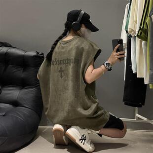 复古潮牌痞帅重磅麂皮绒无袖 美式 t恤运动坎肩 夏季 军绿色背心男士