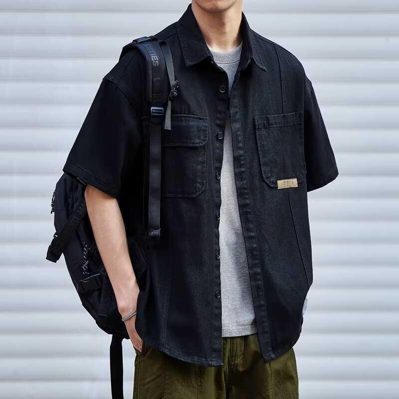 夏季美式复古短袖牛仔衬衫男士大码重磅潮流宽松百搭工装外套衬衣
