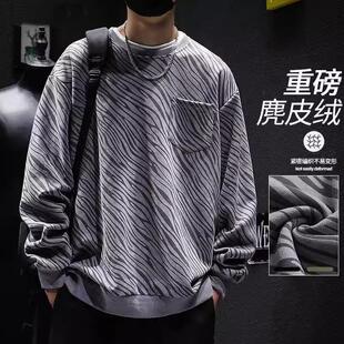 重磅鹿皮绒卫衣春秋男士宽松潮流百搭港风学生休闲长袖套头圆领