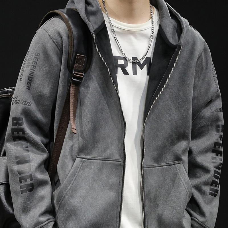 麂皮绒拉链开衫卫衣男连帽男款秋季新款宽松大码男士春秋运动外套