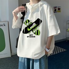夏季设计感连帽冰丝短袖t恤男大码带帽卫衣体恤衫oversize五分袖