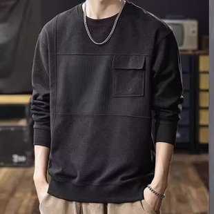 复古长袖 美式 上衣秋季 2025新款 春秋重磅拼接圆领卫衣男士 男装 大码