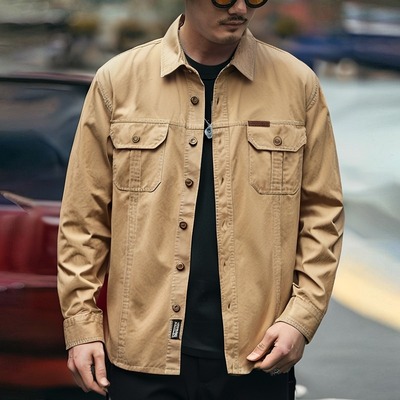 法式春秋季男装长袖纯棉衬衫中青年多袋衬衣宽松休闲大码工装外套