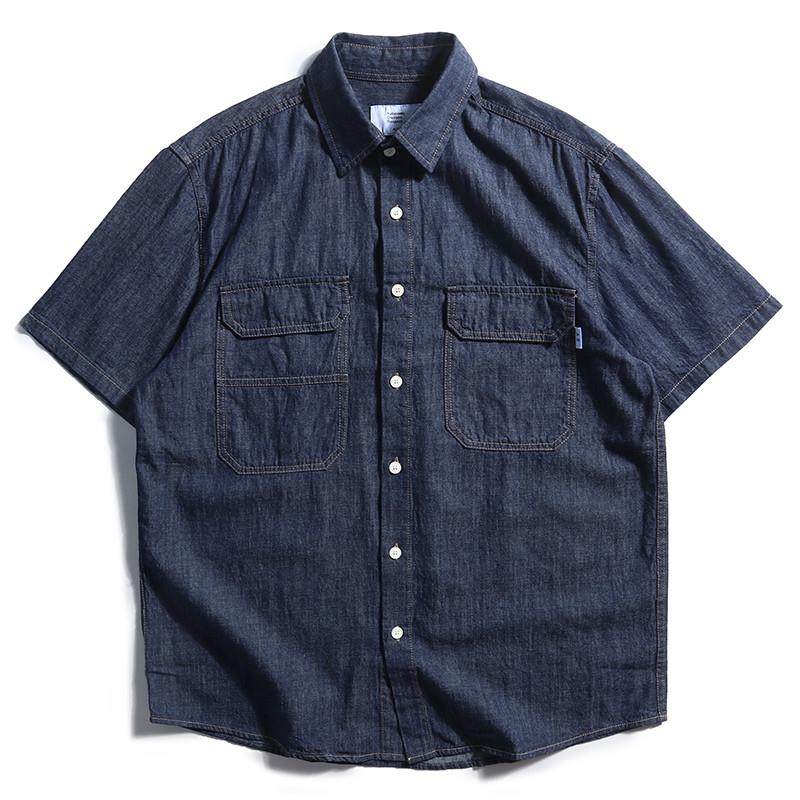 日系复古牛仔短袖衬衫男夏季潮牌宽松上衣多口袋工装街头半袖衬衣