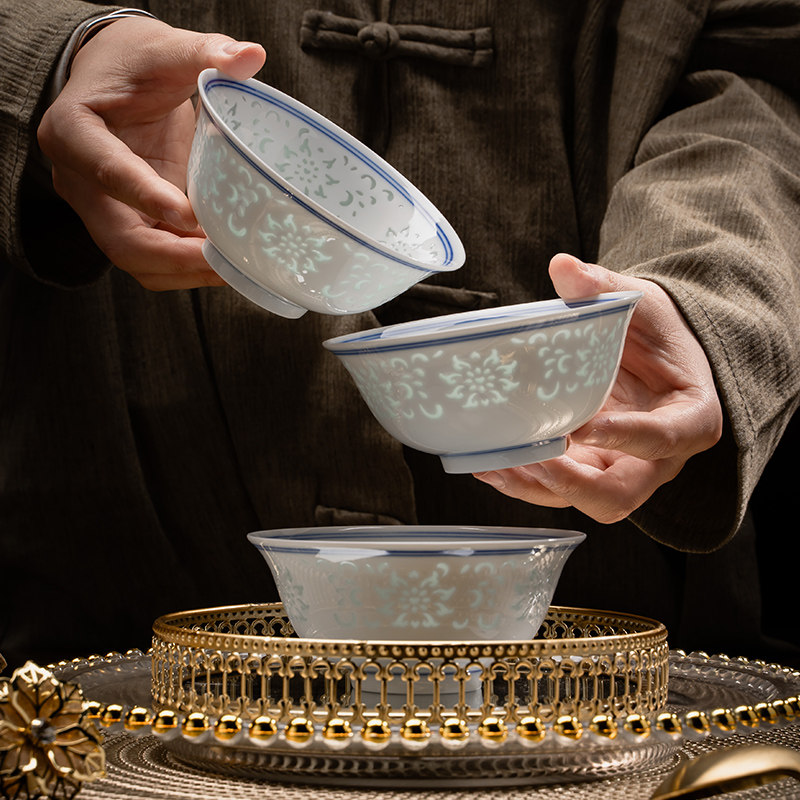 景德镇富玉陶瓷青花玲珑餐具套装家用散件高温釉下彩吃饭碗礼盒装