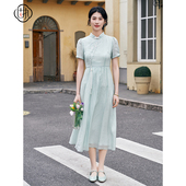 新款 新中式 刺绣连衣裙小立领泡泡短袖 固执夏季 中长款 A字裙女